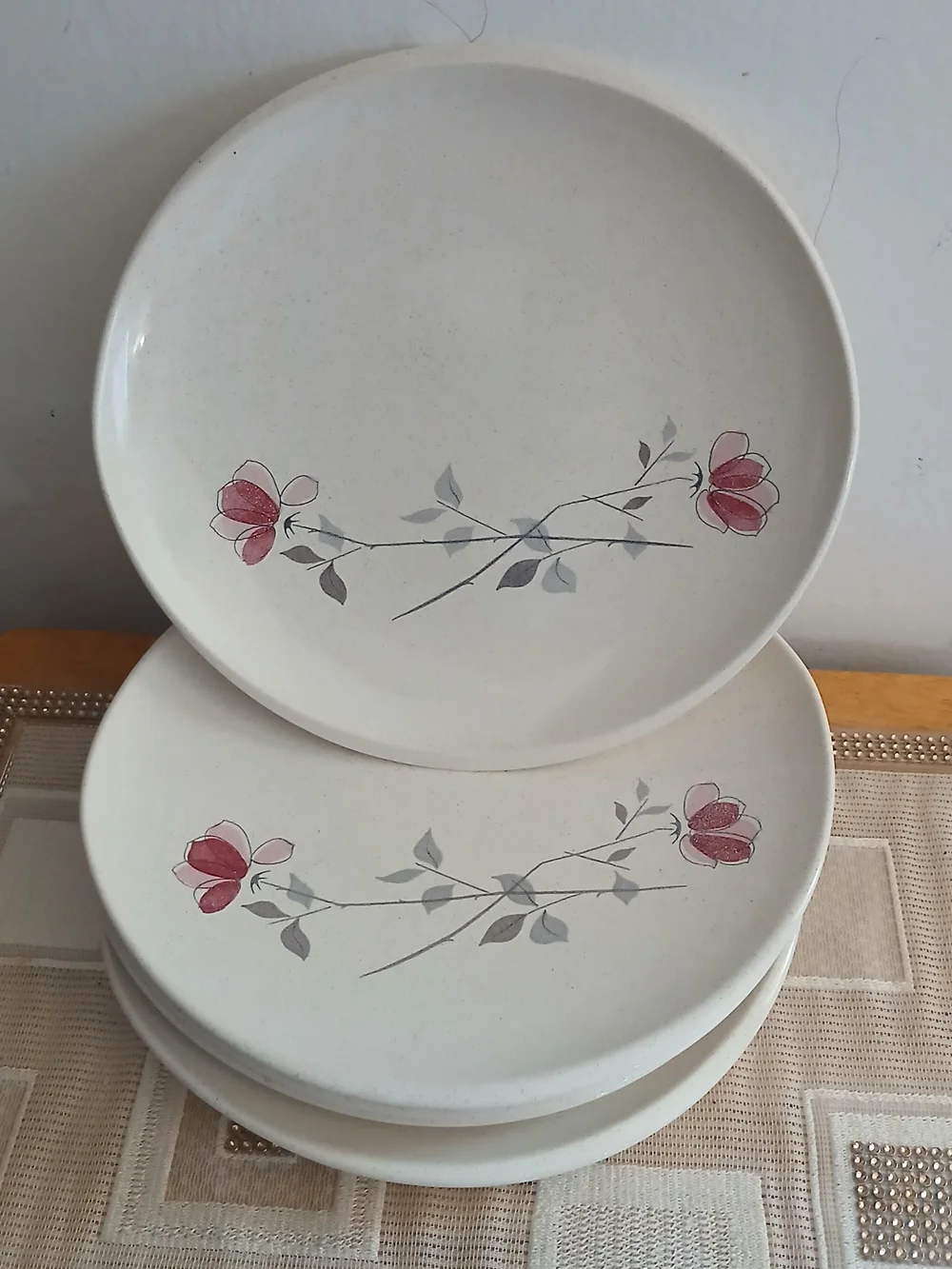 Franciscan Dinner Plate with Pink Floral and Gray Leaf Motif - Set of 5 Vintage